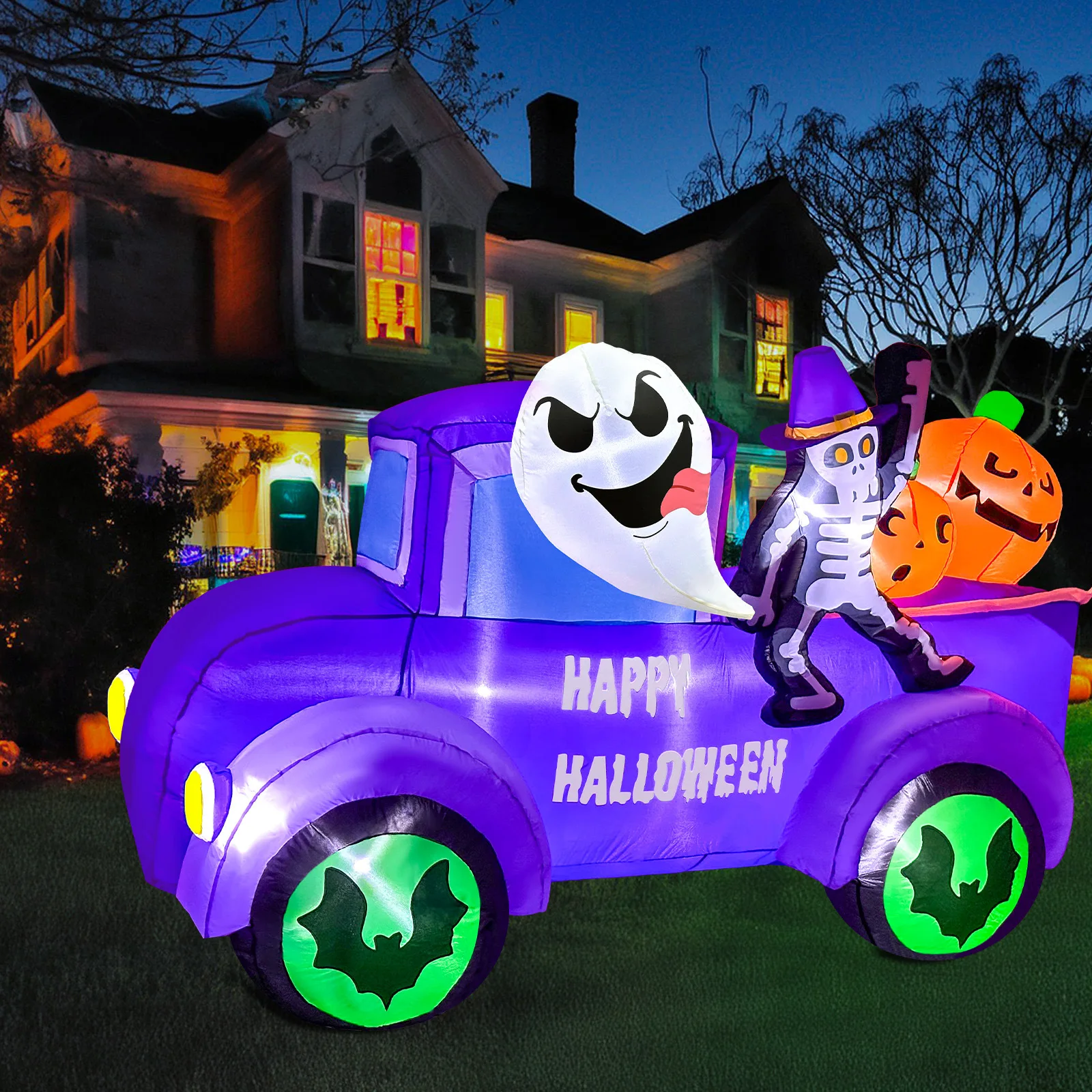 

8 футов Хэллоуин надувное наружное украшение призрак вождение грузовик автомобиль со скелетом взорвать тыква встроенные светодиоды для двора вечеринки