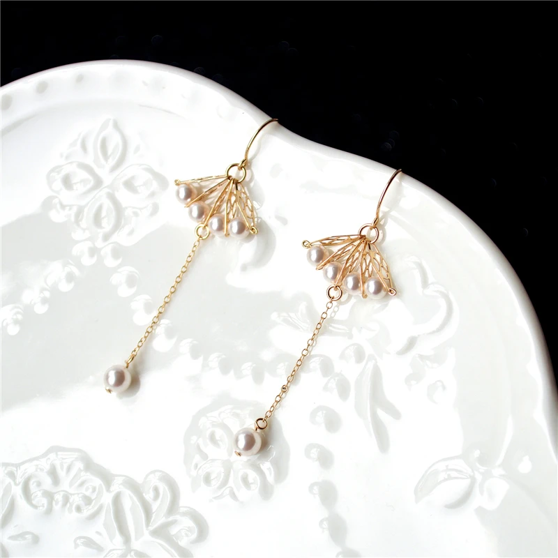 

Lii Ji Real Pearl Fan Style Tassels Earrings 14K Gold Filled Women Jewelry