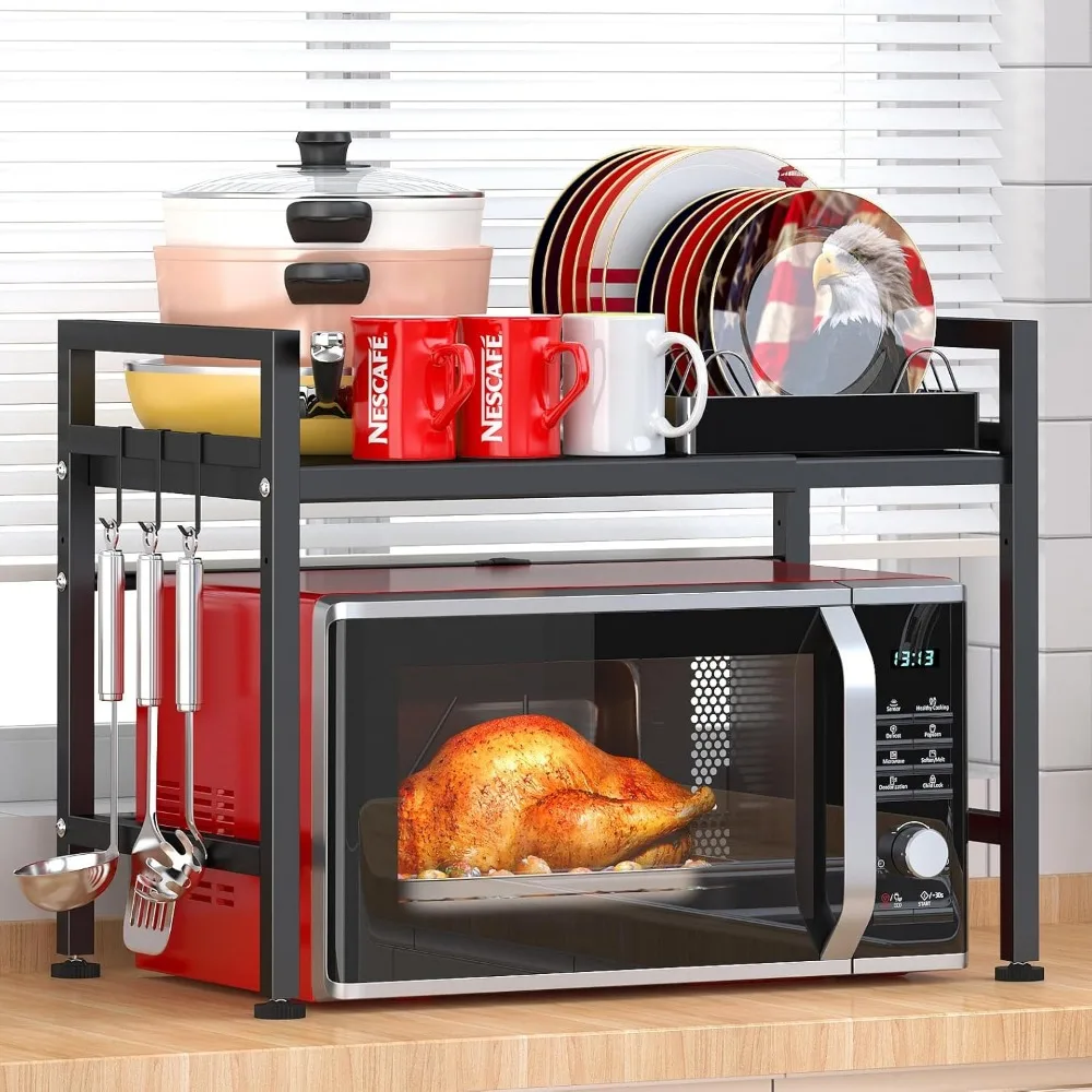 

Adjustable Heavy-Duty Microwave Oven Rack with 2 Tiers for Kitchen Countertop Organization