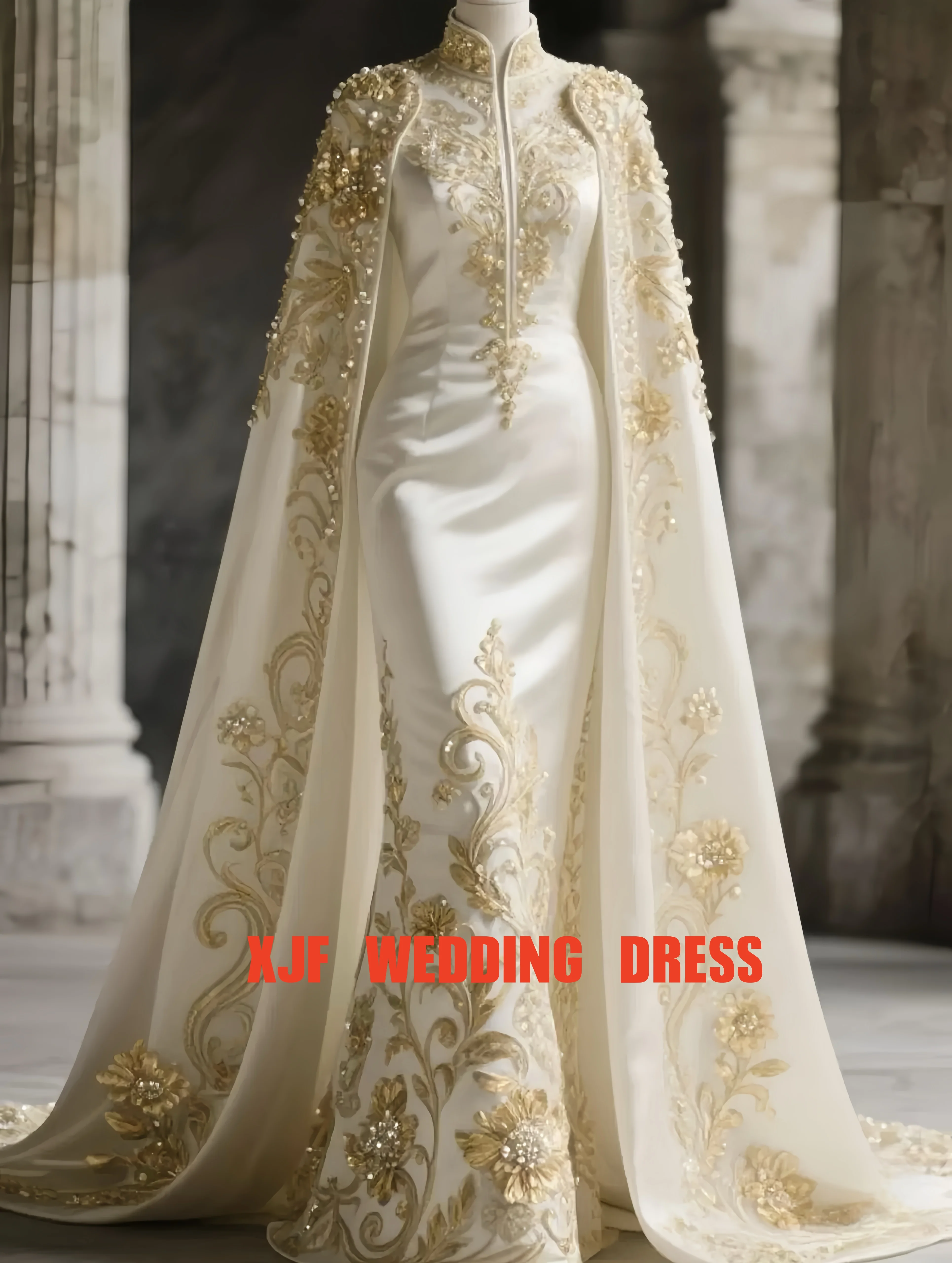 ชุดแต่งงานทรงเมอร์เมดแบบคอวี แขนกุด พร้อมผ้าคลุมไหล่  แบบสั่งตัดได้