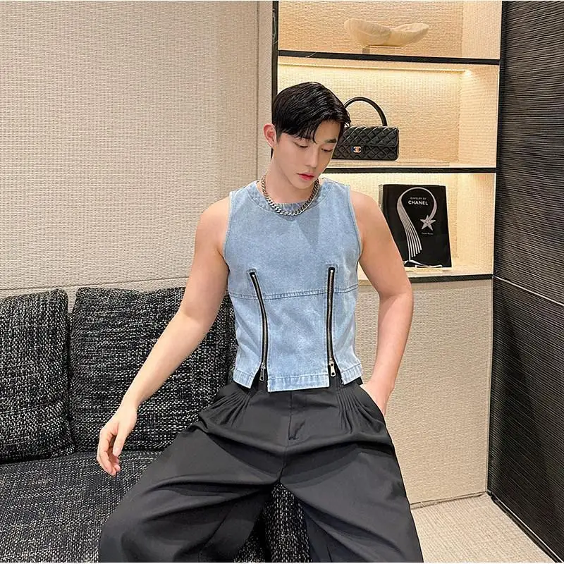 

M-5XL Men'S Clothing Denim Vest Double Zipper Casual Short Vest Niche Personality Streetwear Versatile Sleeveless Tank Top 2025