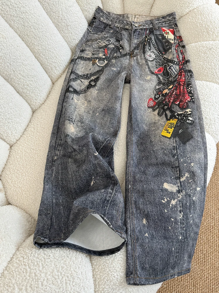 

Американские женские джинсы свободного кроя с 3D-принтом в стиле High Street, прямые, широкие штанины, винтажный дизайн, черные, длинные брюки