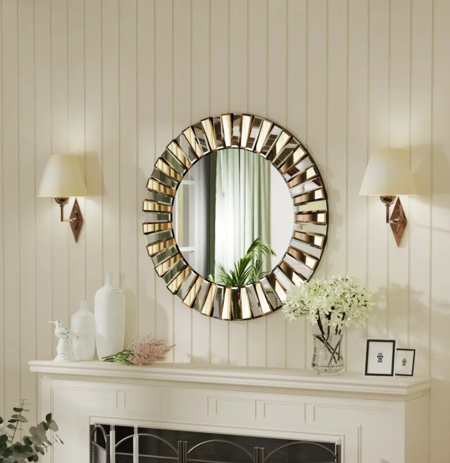 60/80CM Round Starburst Decorative Wall Mirror Gorgeous Tawny Accent Mirror for Bathroom Bedroom Living Room Dining Room