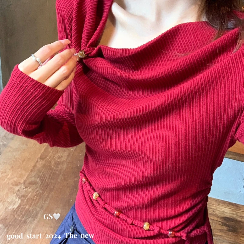 New Women's Ankela Red Diagonal Shoulder V-neck Knitted Sweater Base Shirt with Beaded T-shirt Top