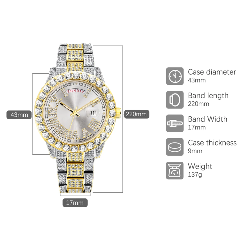 MISSFOX Luxury Watch Mens Automatic Date Hip Hop Full Iced Diamond Clock Fashion Waterproof Quartz Wristwatch Reloj Hombre 2023