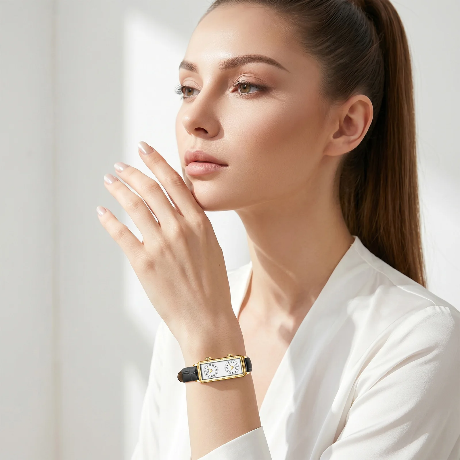 Gudi French Vintage Double Disk Rectangular Waterproof Leather Belt Watch for Women Elegant Professional Minimalist Timepiece