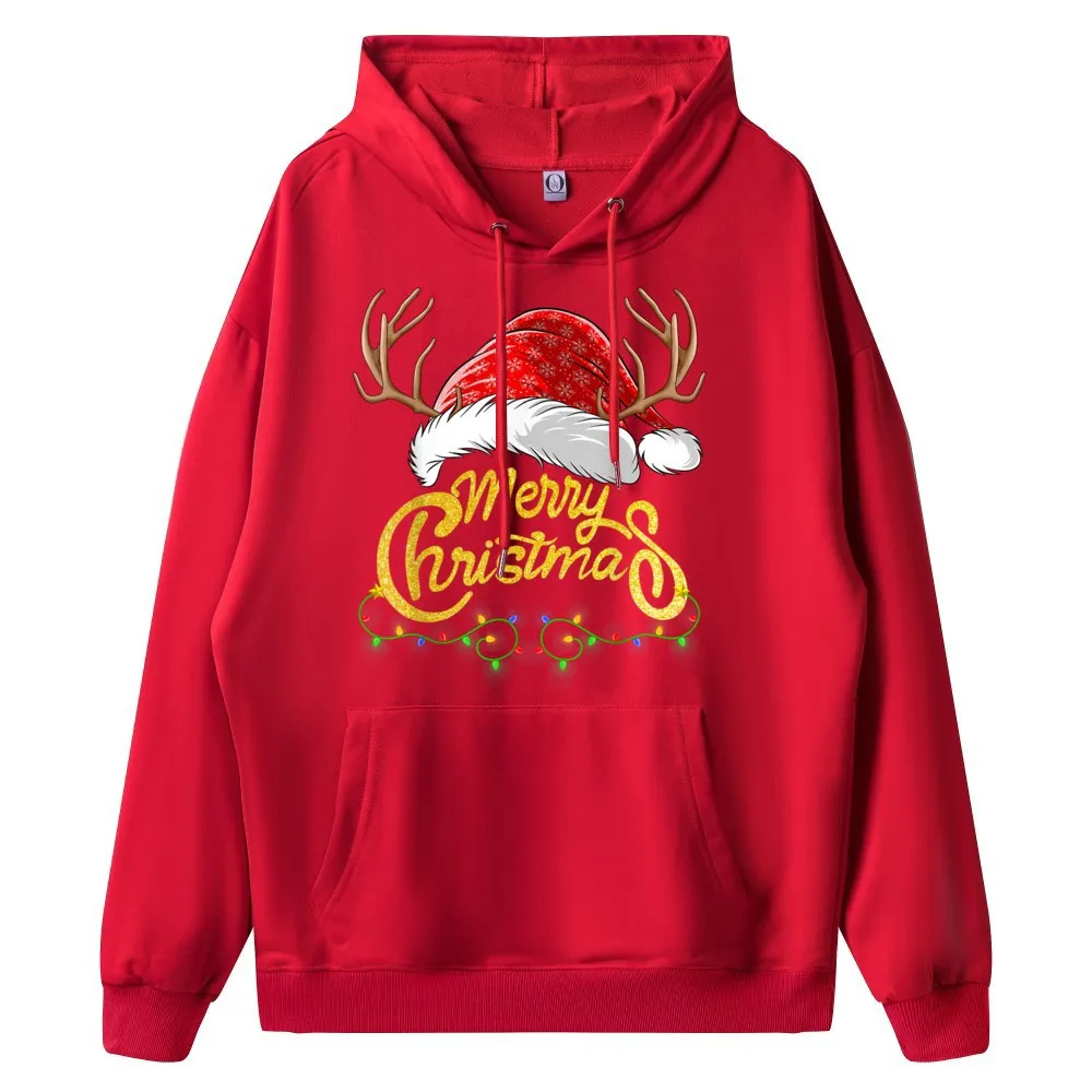 Merry Christmas Lights Red Santa Sweatshrt long Sleeve Birthday Retro Mens Mother Day Sweatshirt Birthday Hoodies Round Collar