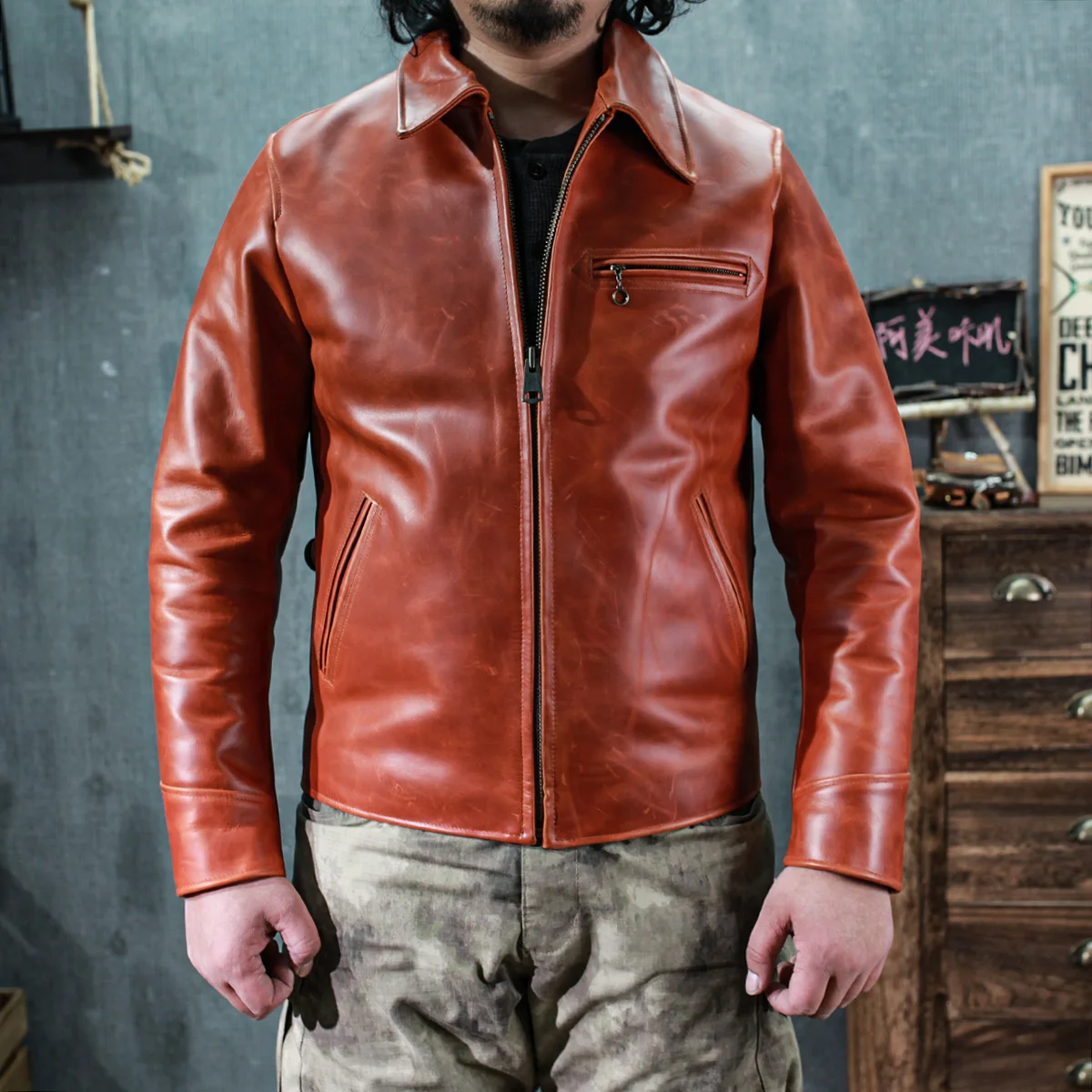 SDH1930 Super Top Quality Heavy Genuine 1.7mm US Horween Cow Leather Slim Classic Cowhide Stylish Rider Jacket