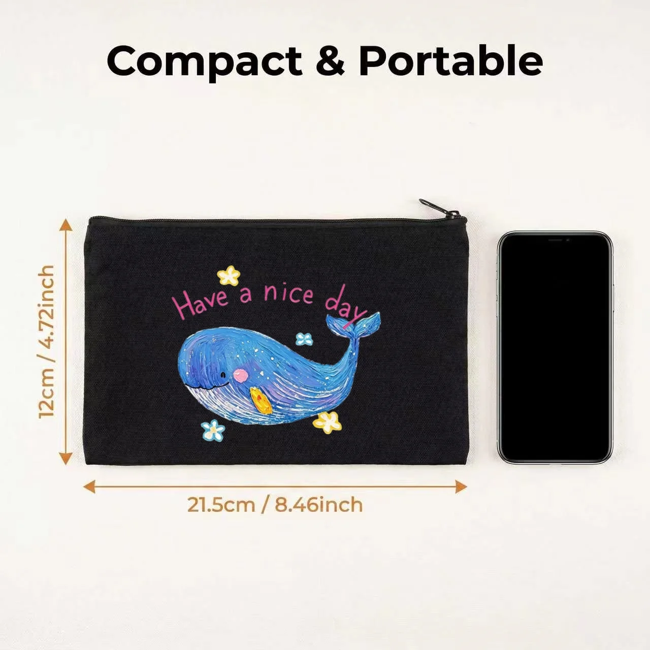 1PC Cute Pastel Flower Happy Quote Whale Print Makeup Bag Double Sided Canvas Daily Storage Organizer