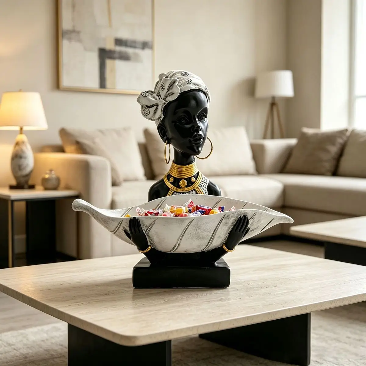 African Woman Bust Storage Tray Resin Statue Black Gold Leaf Jewelry Key Holder Modern Luxury Entryway Tabletop Decor Ornament