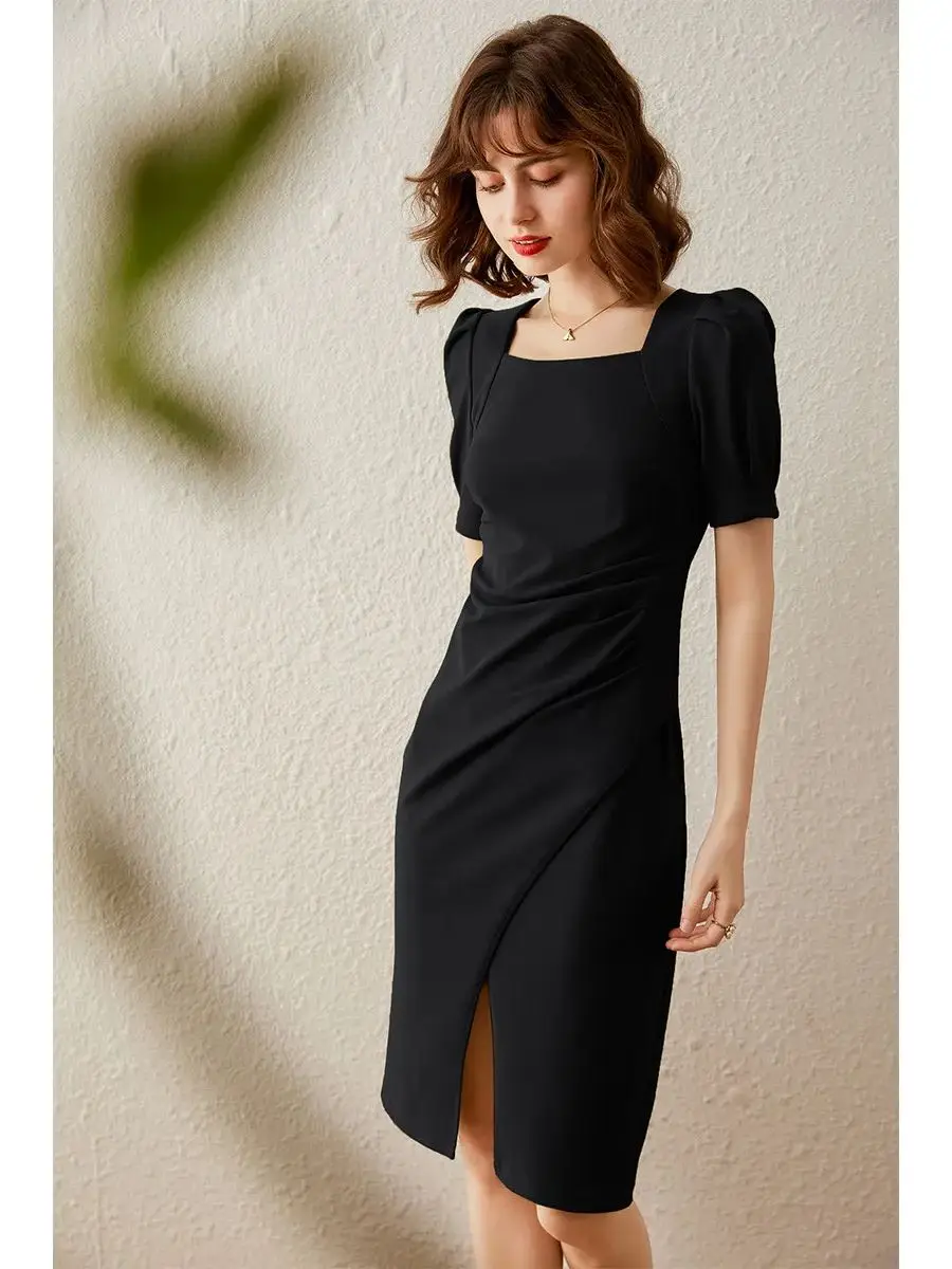 LOUIS YAO Women Dress French Style Elegant Square Neck Short Sleeve 2024 Summer New Elegant Fashionable Vent Casual Mid Dress