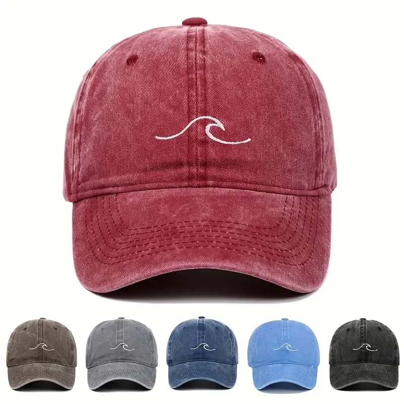 Wave Ripple Embroidery Baseball Cap Solid Color Washed Hats Simple Vintage Hip Hop Sun Hats For Women & Men