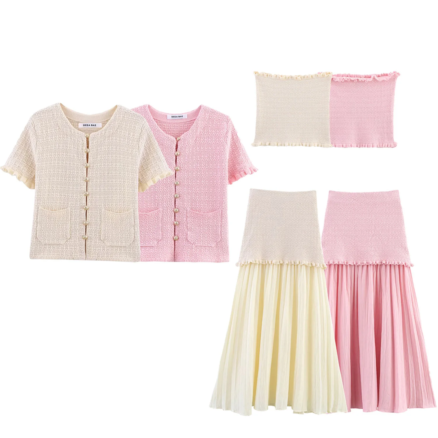 Sommer Neue frauen Kleidung Europäischen Und Amerikanischen Layered Dekoration Rundhals Kurzarm Gestrickte Drei Stück Set