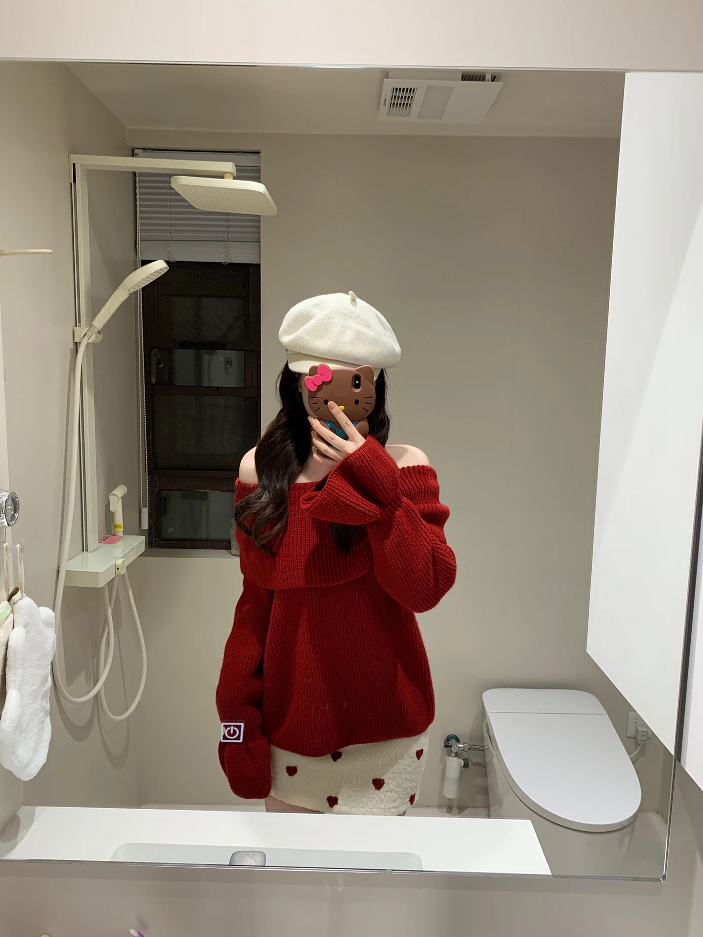 Red Knitted Sweater Women's Winter Lazy Sle Slant Collar oulder Exposure Loose Warmth Small Faionable Knitwear