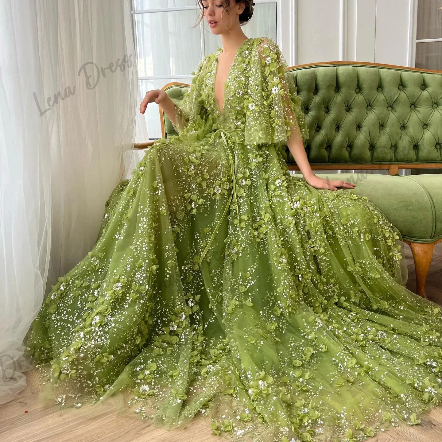 Lace Half Sleeves Evening Dresses 2024 Women Evening Dress Lena Embroidered Line A Party Dress for Wedding V-neck Green Backless