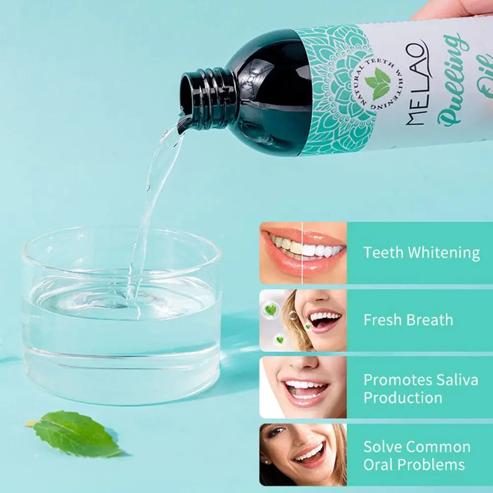 Aceite de extracción de menta de coco, 237ml, enjuague bucal sin Alcohol, blanqueamiento dental, aliento Oral fresco, juego de raspador de lengua, cuidado de la salud bucal