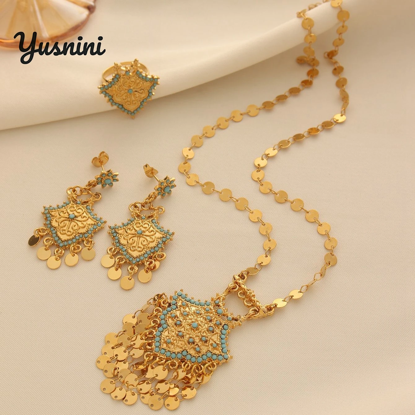 

Новое итальянское 24-каратное позолоченное ожерелье, серьги, кольца, комплект украшений для свадебной вечеринки в качестве праздничного подарка для женщин YY10773