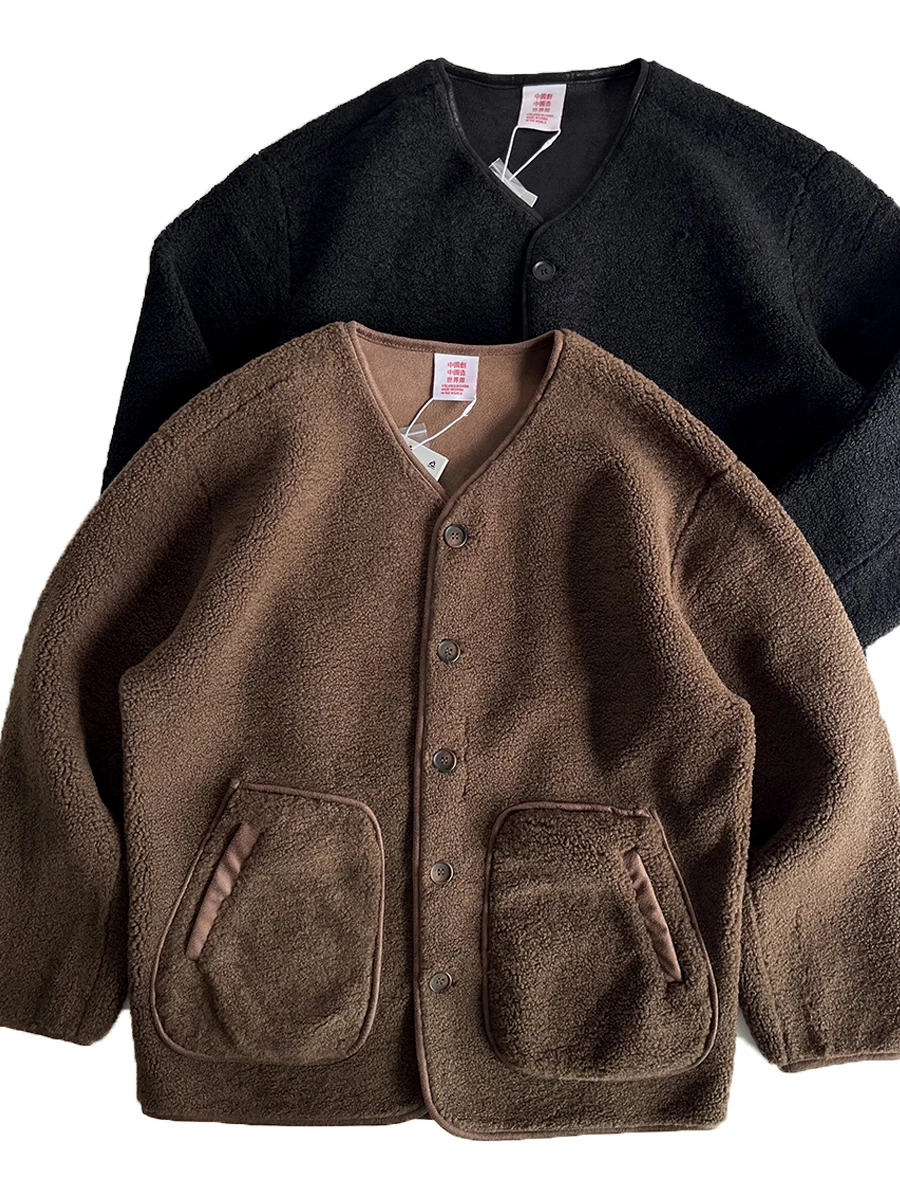 Jaket Bulu Domba Imitasi Berat Gaya Retro Jepang Tanpa Kerah Berlapis Tebal Tahan Angin dan Hangat Pakaian Luar Oversized Trendi