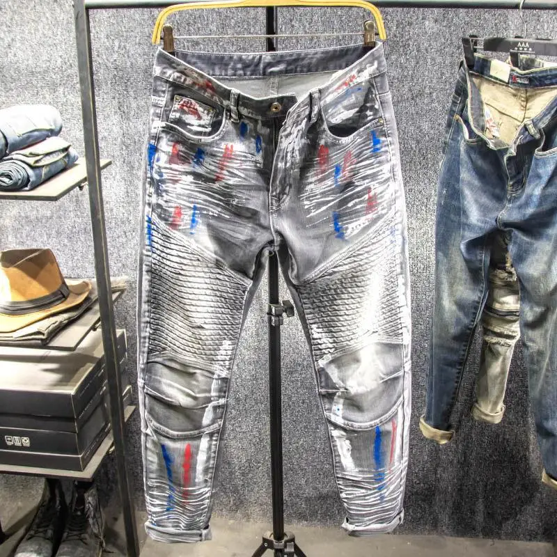 Men's Daily Style Trousers Classic American Street Style Graffiti Print Spray Paint Wrinkle Texture Motorcycle Inspired Slim Tap
