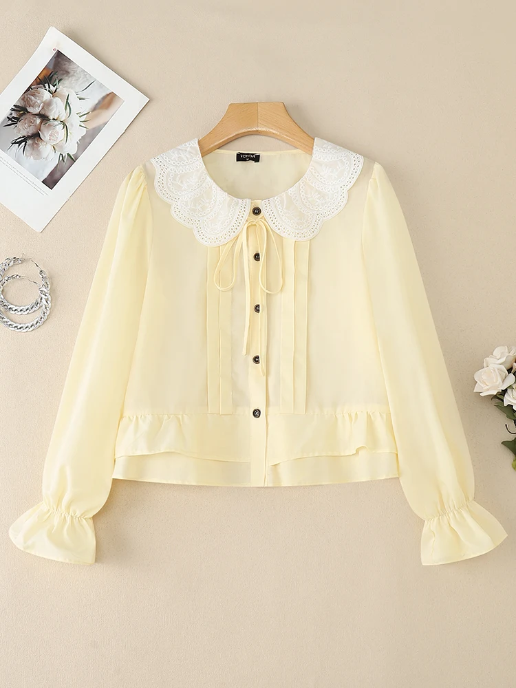 

VONDA Patchwork Lace Shirts Women Long Sleeve Tunic Tops Peter Pan Collar Casual Blouse 2025 Autumn Fashion Blusas