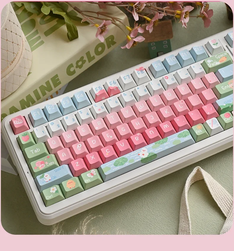 140Keys Pink Keycap Spring Outing Duck Theme Cherrypbt Gradient Color Cute Lotus Leaf Pond Element Keycap Diy Sublimation Keycap