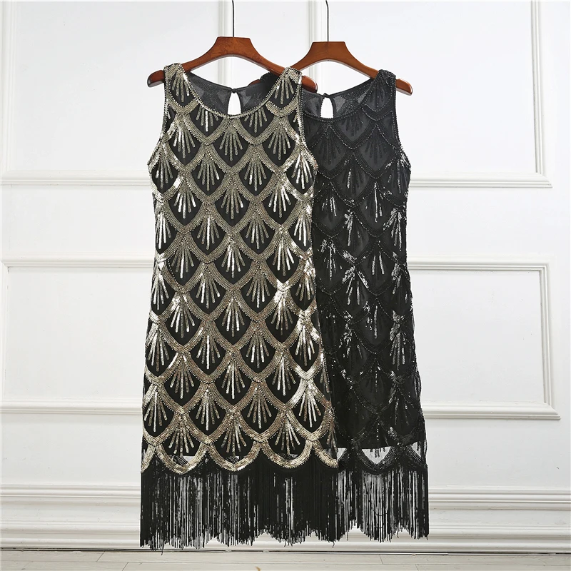 Women's 1920s Sequin Paisley Pattern Sleeveless Flapper Black Gold Dress Sexy Fringe Great Gatsby Party Dress