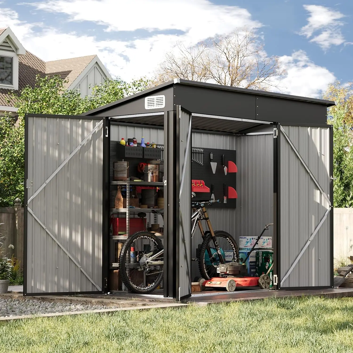 

Сарай для хранения на открытом воздухе 7,5'x4' с тремя дверями и тремя запираемыми дверцами для легкого доступа, металлический шкаф для хранения, на заказ