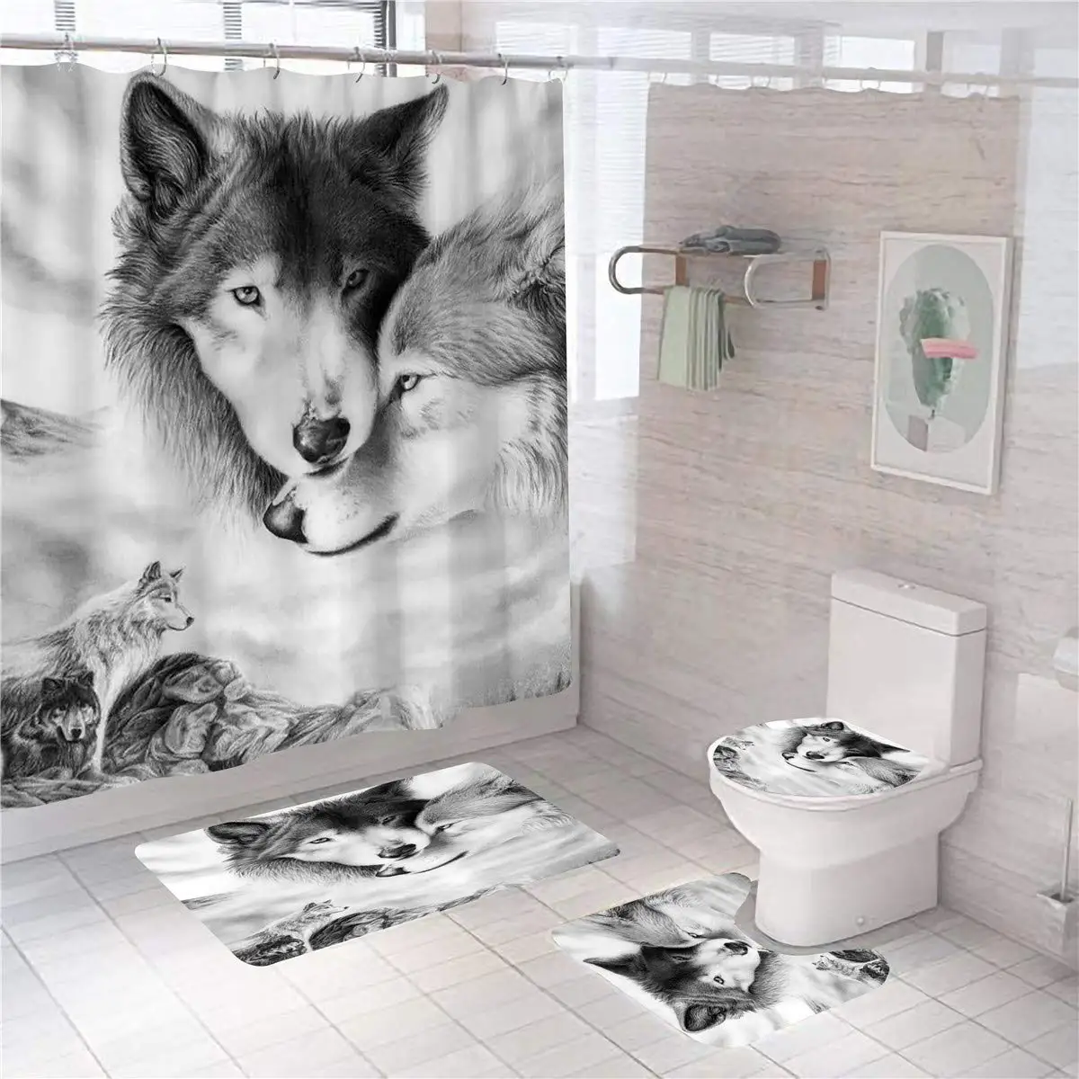 

Mysterious Wolf Moon Shower Curtain Sets Rugs Toilet Lid Cover Bath Mat Waterproof Wild Animal Bathroom Set Decor