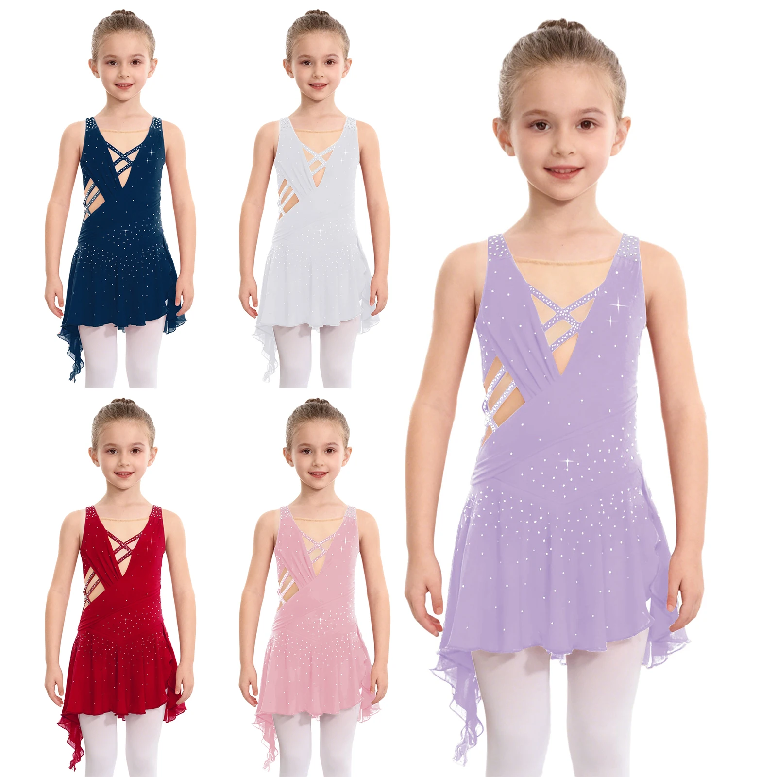 Leotardo de danza de Ballet y gimnasia rítmica para niños y niñas, traje de actuación de danza moderna lírico, vestido de malla sin mangas con diamantes de imitación