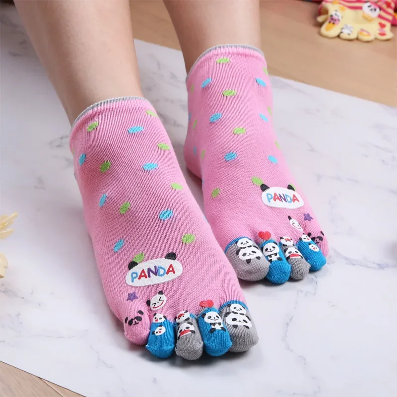 5 Pairs Five Finger Socks Toe Cartoon Pattern Cute Panda Kawaii Dots Socks Women Funny Soks