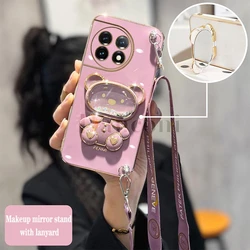 Quicksand Raccoon Makeup Mirror Lanyard Plating Phone Holder Case For Oneplus 11 11R 10 Pro 9RT 10R 10T 8T 9 9R Cover