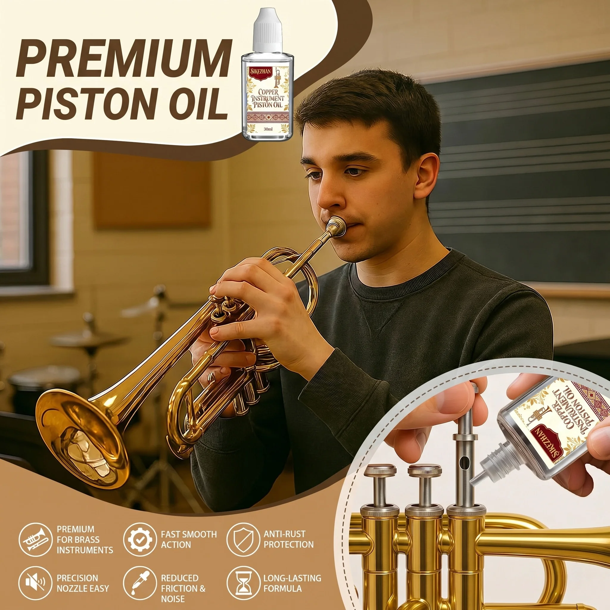Professional Brass Instrument Maintenance Kit with Valve Oil, Flexible Snake & Mouthpiece Brushes for Trumpet Trombone Horn