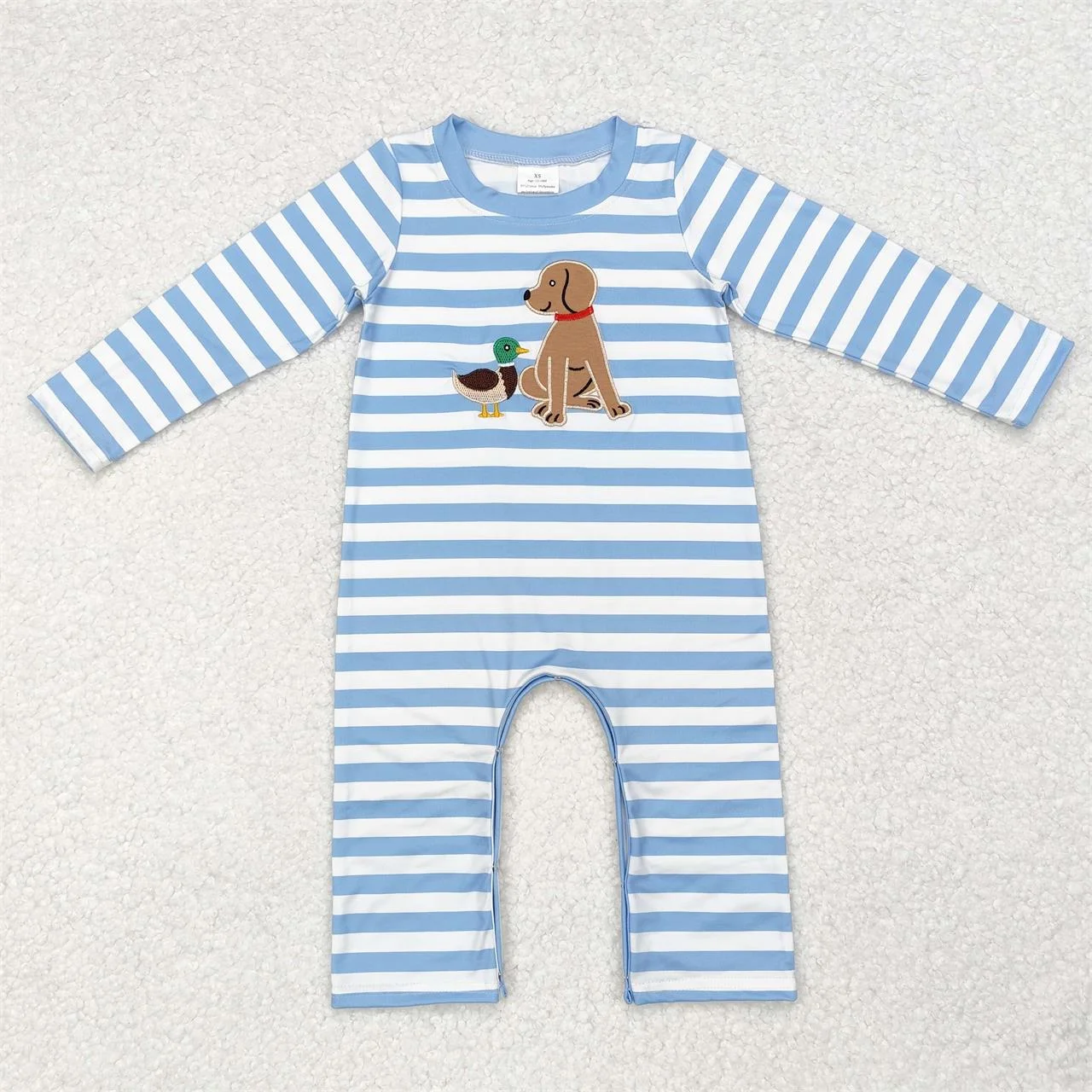 Wholesale Toddler Embroidery Blue Stripes Romper Kid One-piece Newborn Coverall Duck Dog Bodysuit Baby Boy Long Sleeves Jumpsuit