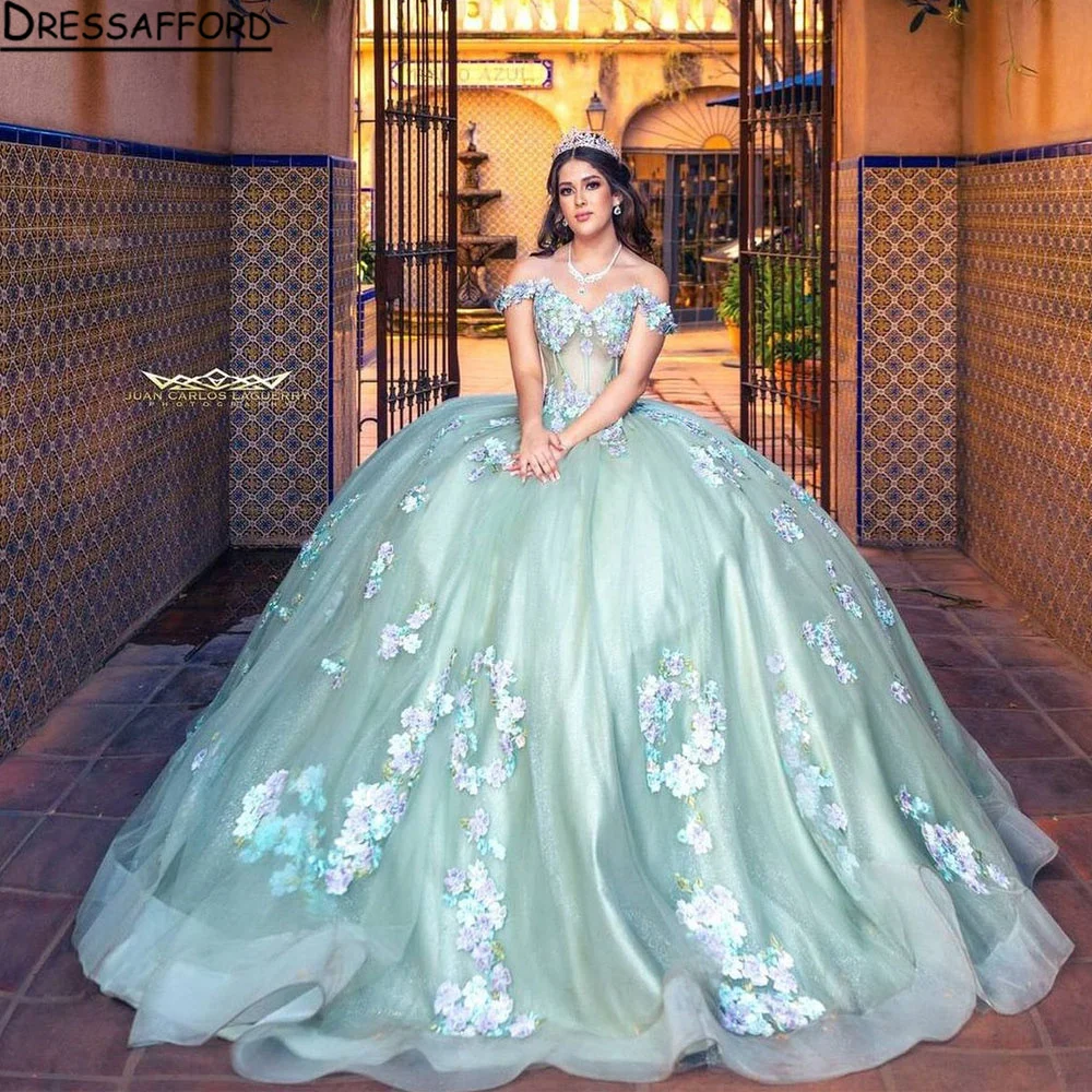 فستان بكتف مكسيكي لامع من Quinceanera بالنعناع الأخضر ، حبات مزينة ، فساتين عيد ميلاد حلوة ، فستان كرة XV ، 15