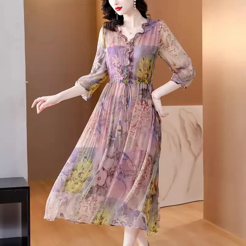 Imitation Silk Chiffon Dress 2024 New Female Spring Summer Light Luxury French High End Elegant Slim Fragmented Flower Skirt