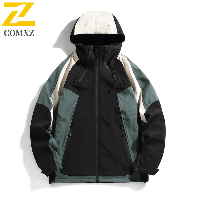 Multifunctional Waterproof Jacket Mens Harajuku Color-blocking Stitching Work Windbreaker Autumn New Camping Fishing Hooded Coat