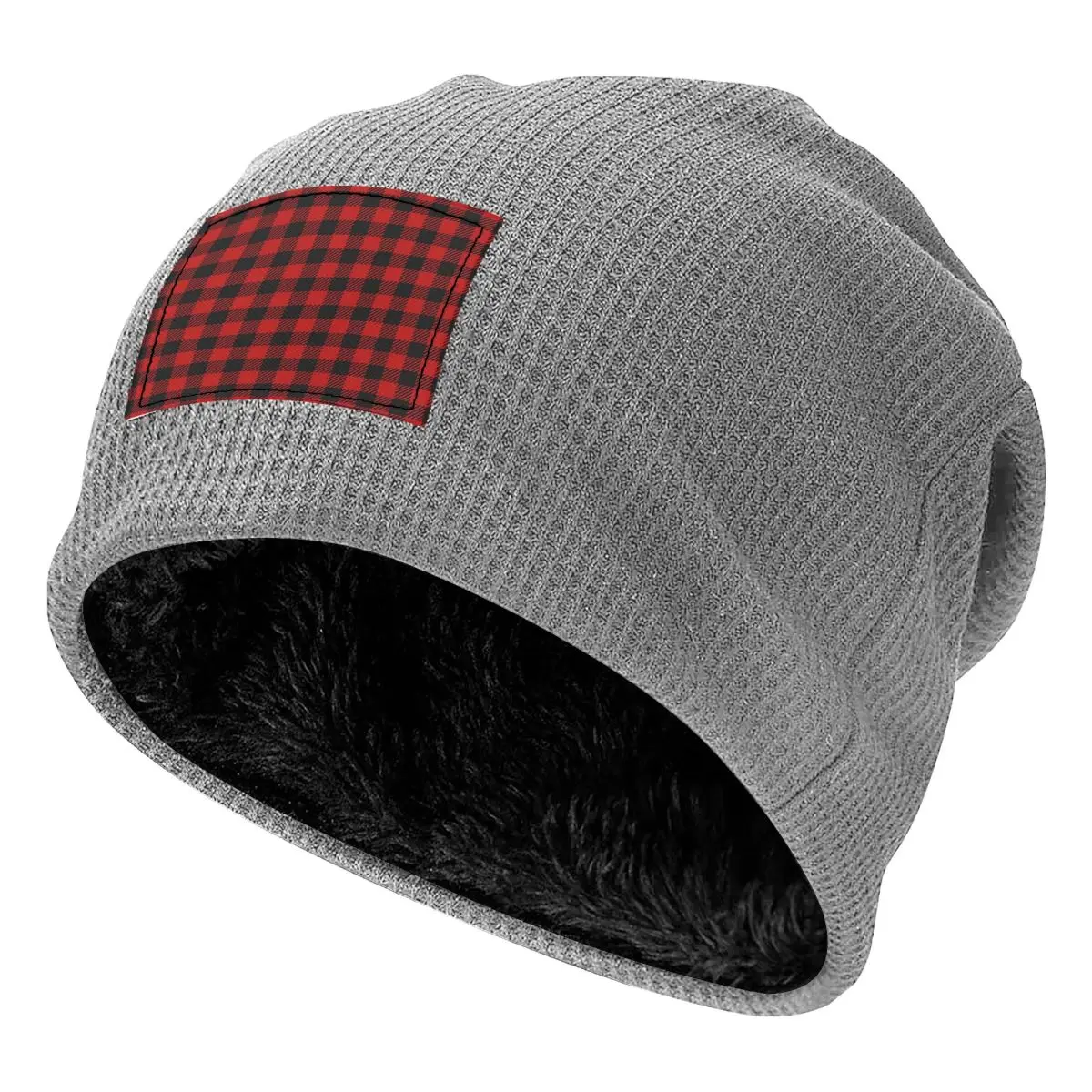Red And Black Seamless Pattern Waffle Knit Fleece Lined Beanie with PU Leather Patch Unisex Warm Winter Soft Cap