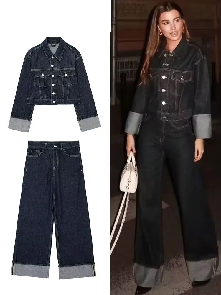

HH женский уличный модный джинсовый костюм, однобортное пальто с длинными рукавами и лацканами + широкие джинсы с высокой талией, осенний комплект в стиле ретро 2023 г.