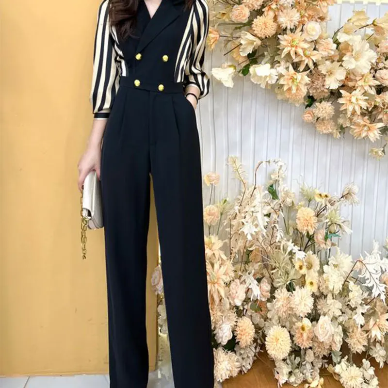 Spring Elegant Fashion Harajuku Slim Fit Female Clothes Loose Casual All Match High Waist Jumpsuit Stripe Straight Leg Pants