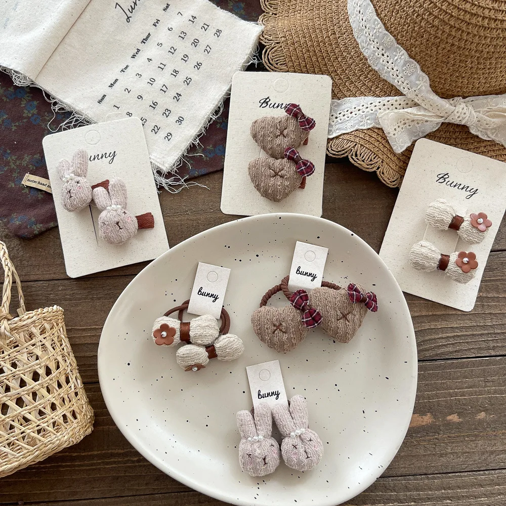 2 szt. Dziecięce dziergane spinki do włosów z kokardką, urocze króliczki, spinki do grzywki, elastyczne gumki do włosów, akcesoria do włosów dla dziewczynek