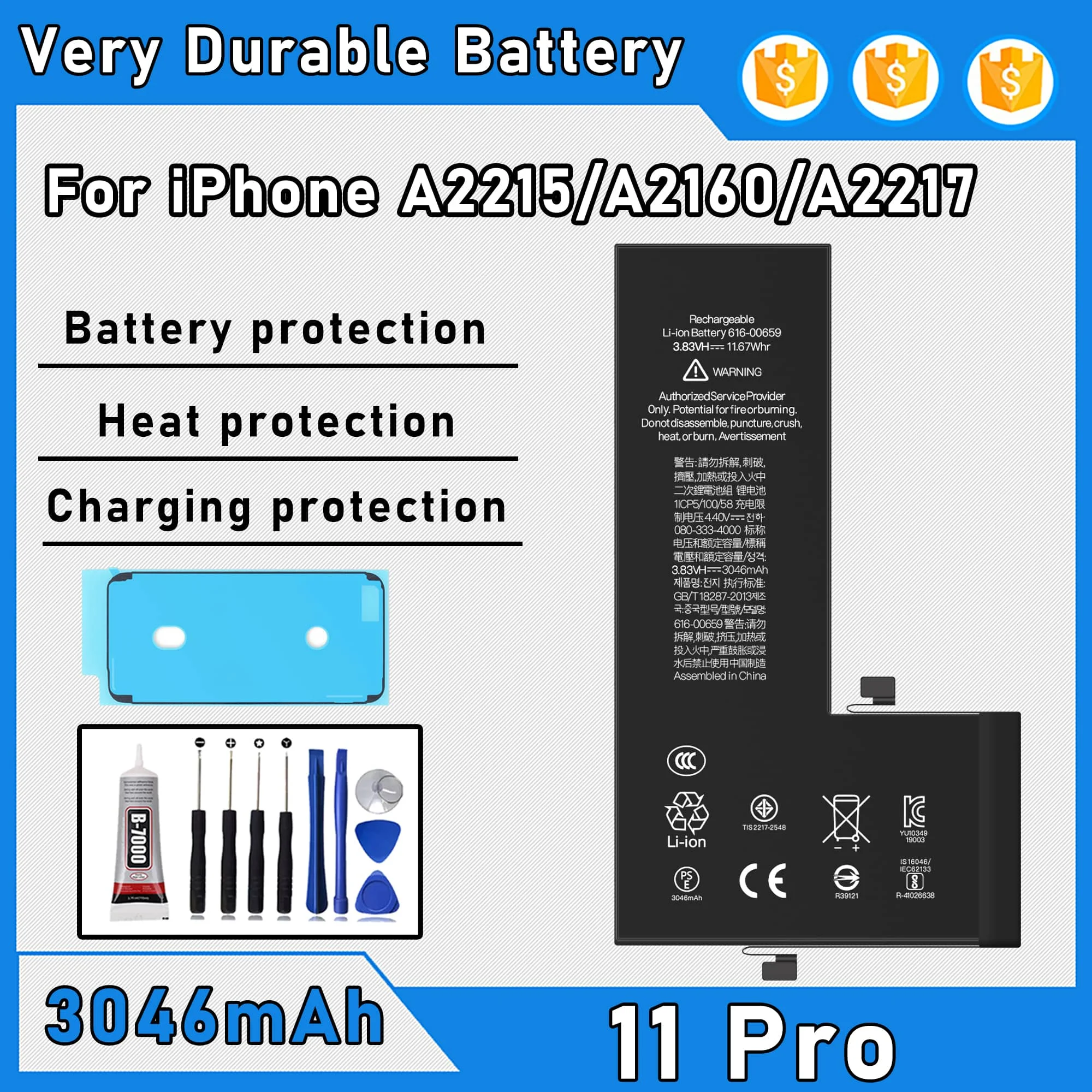 

100% 0 Cycle High Capacity Battery For iPhone 11 Pro/A2218/A2161/A2220 Phone Bateria+Free Tool Kit