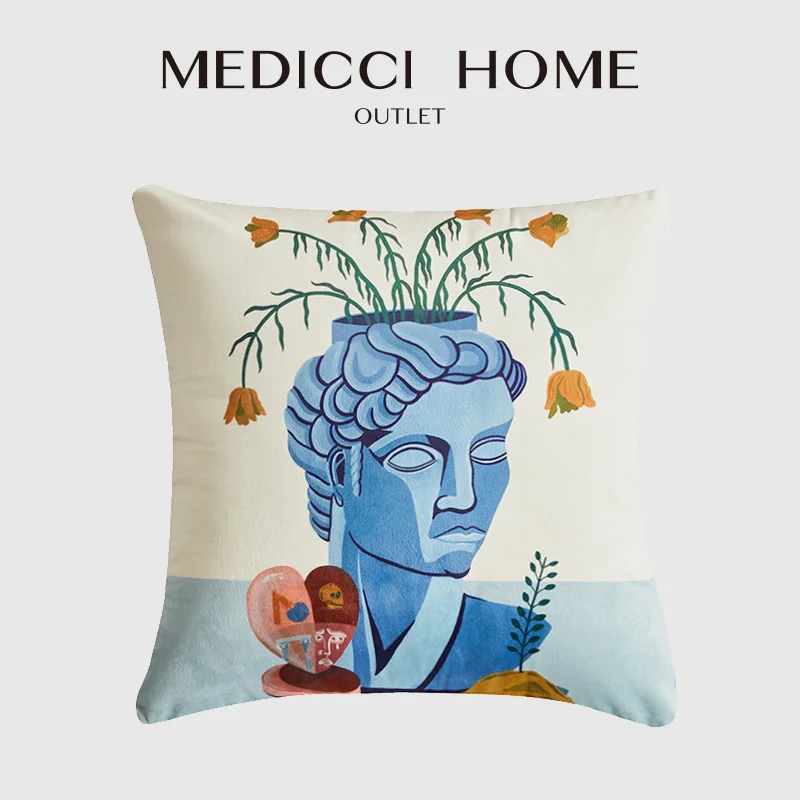 Medicci Home Eclecticism Style Decoration Cushion Covers Classical Plaster Statue Flower Vase Pattern Throw Pillow Case 45x45cm