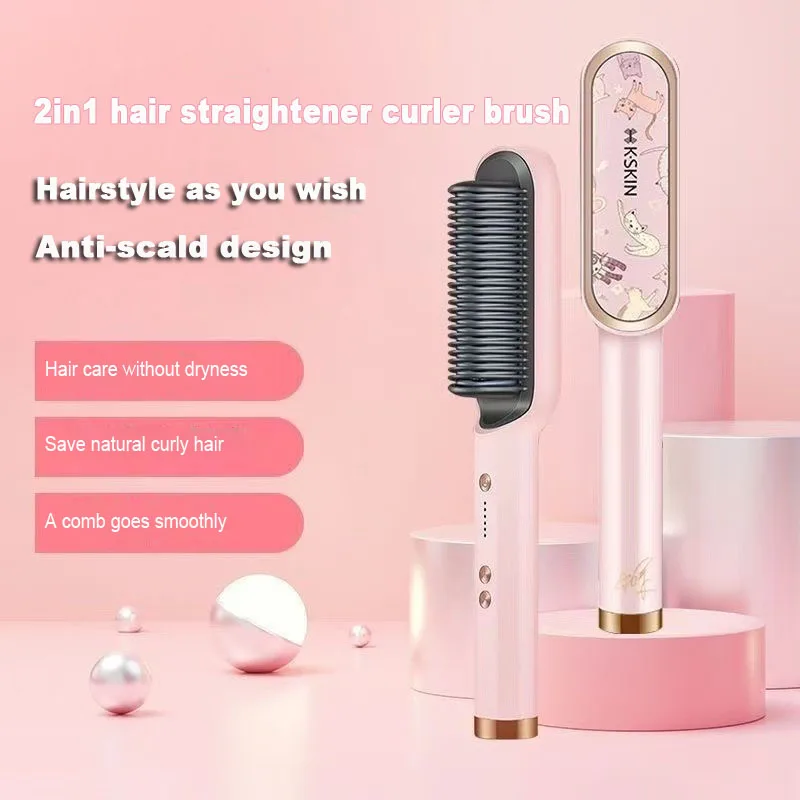 Electric Hot Comb 2-in-1 Hair Straightener Curler Negative Ion Ceramic Anti-Scald Hair Straightening Brush Styling Tool