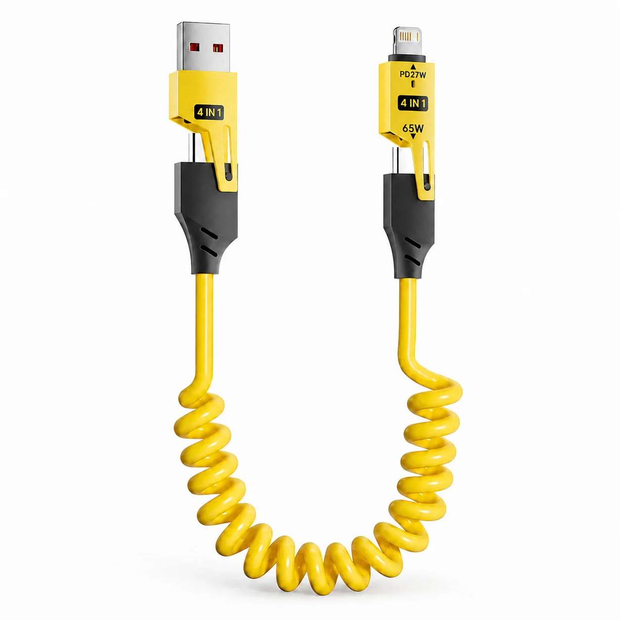 65W 4 in 1 Coiled USB C Car Fast Charging Cable, Type C iP Data Cable, Zinc Alloy Spring Cable for iPhone Samsung Xiaomi 1.5M