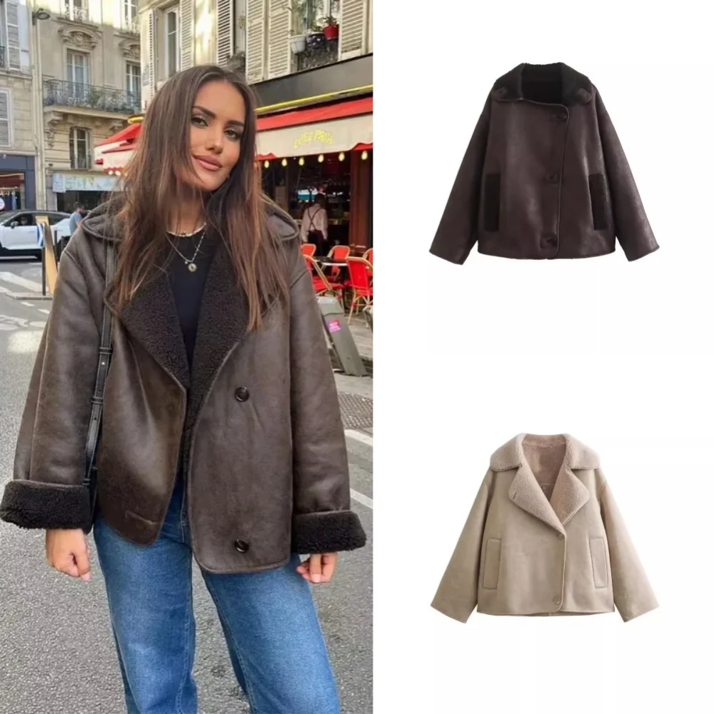 2024 Woman Thick Faux Leather Jackets for Women Autumn Winter Warm Wool Blends Coats Plush Double-sided Jacket Pocket Jacket