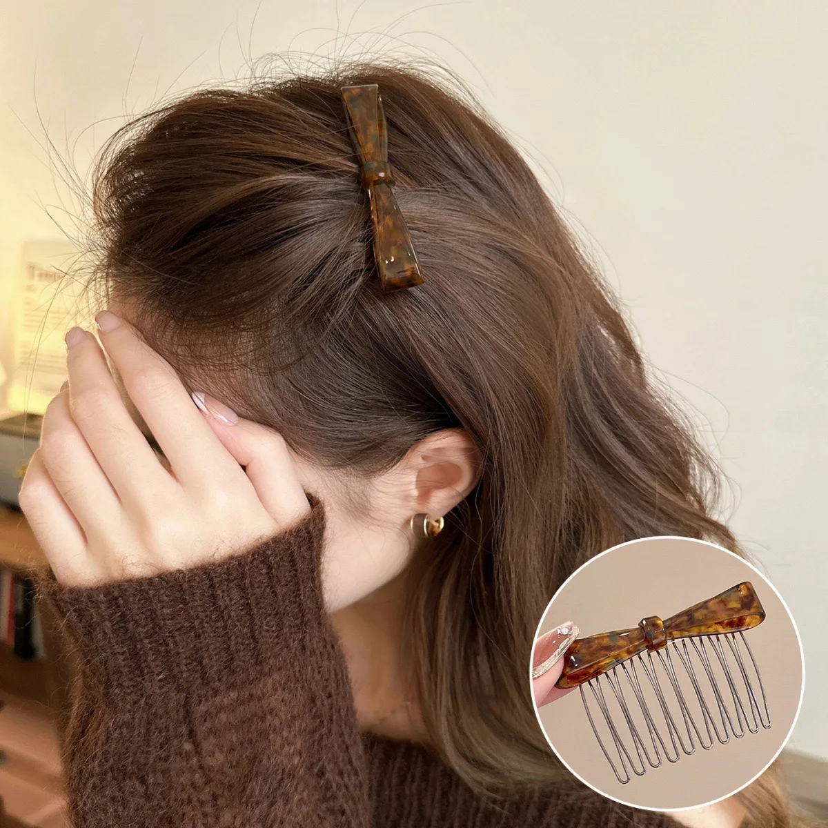 1 Stück Koreanischer Haarkamm mit Schmetterlings-Schleife aus strukturiertem Acetat für Pony, Stirnfrisuren und halb aufgesteckte Haardekoration – Detail 5
