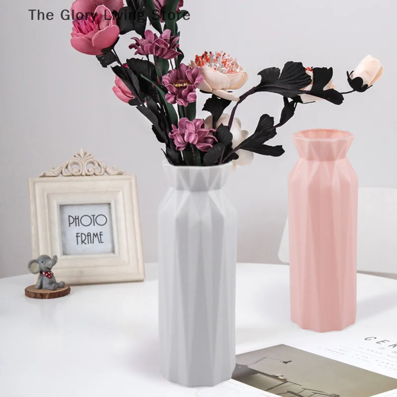 Modern Flower Vase White Pink Plastic Vase Flower Pot Basket Nordic Home Living Room Decoration Ornament Flower Arrangement