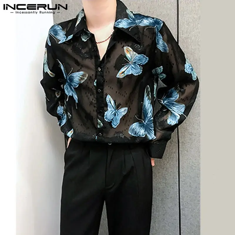 Incerun Heren Shirt Bedrukt Transparante Revers Lange Mouw Losse Heren Kleding Streetwear 2024 Sexy Mode Casual Shirts S-5XL