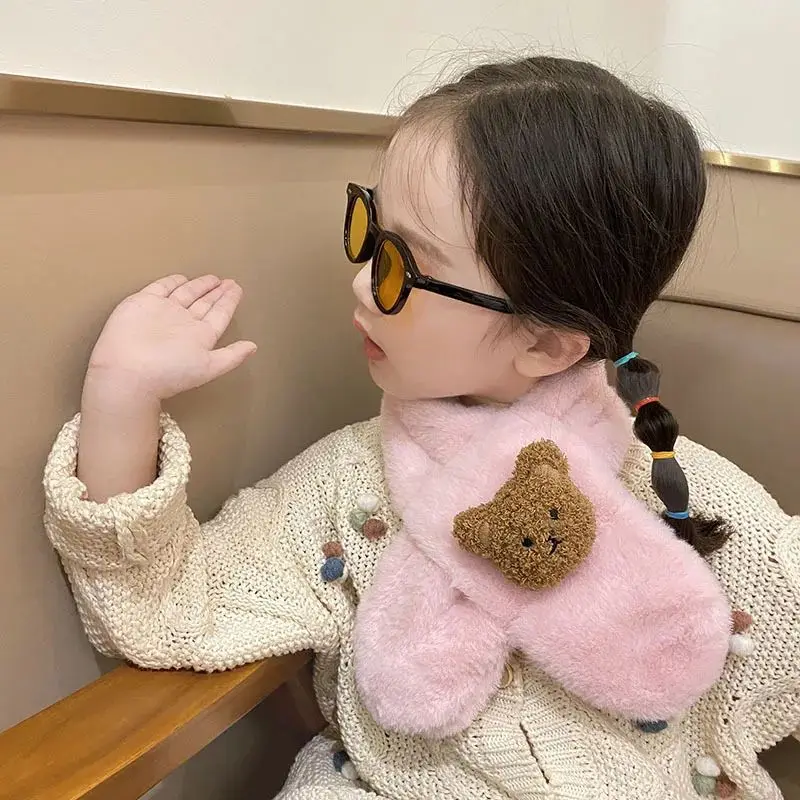 Winter Warm Plush Baby Scarf Cute Caroon Bears Boy Girl Scarves Newborn Toddler Faux Fur Children Cross Neckerchief  Baby Shawls