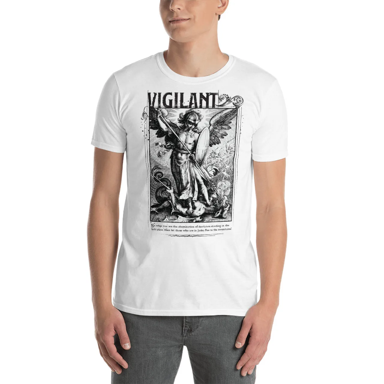 Vigilant - St. Michael The Archangel Slaying Demon T-Shirt 100% Cotton O-Neck Short Sleeve Summer Casual Mens T-shirt Streetwear